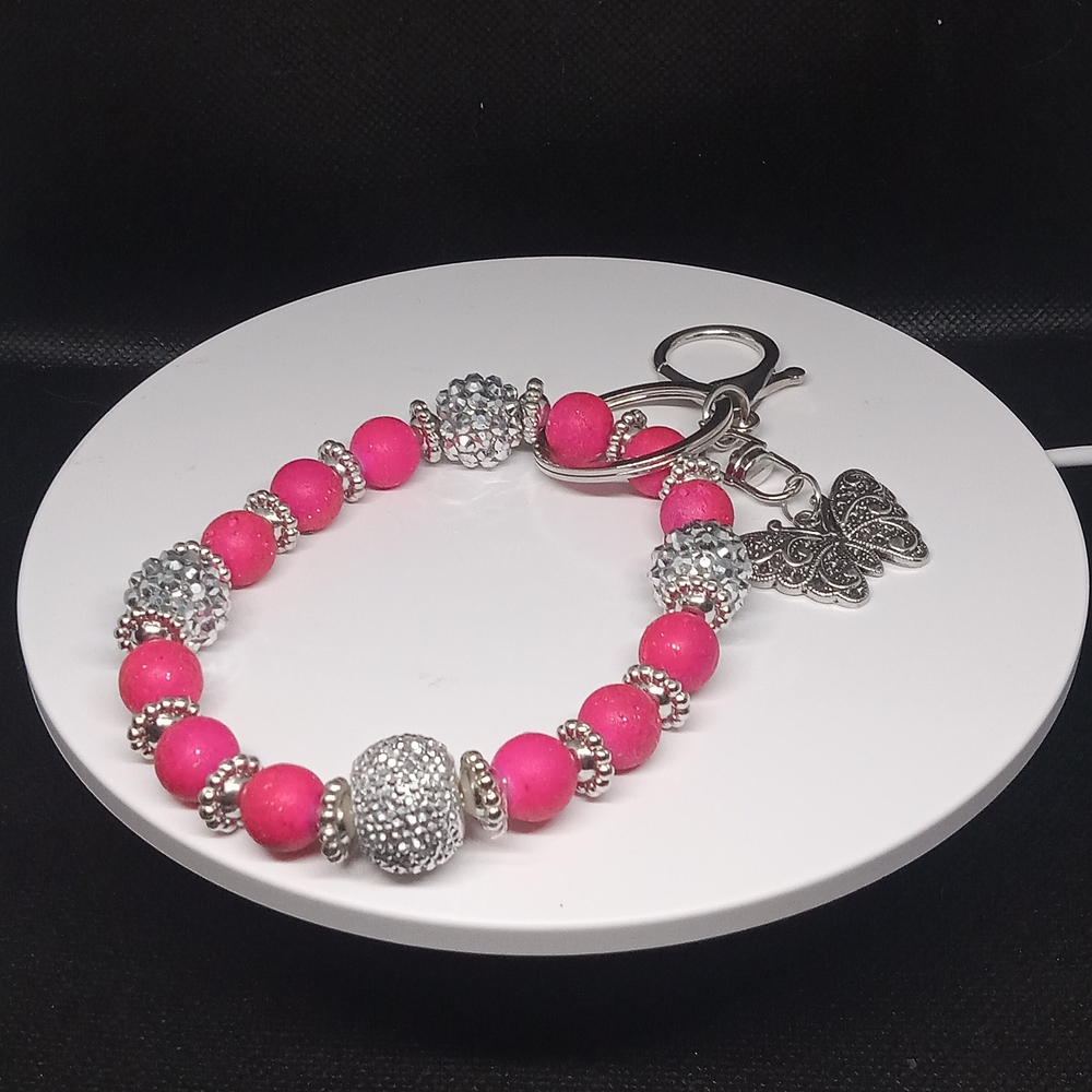 Pink and Silver Beaded Purse Charm with Butterfly Pendant